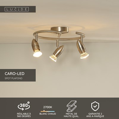 Lucide CARO-LED - Spot plafond - Ø 31 cm - LED - GU10 - 3x5W 2700K - Chrome Dépoli